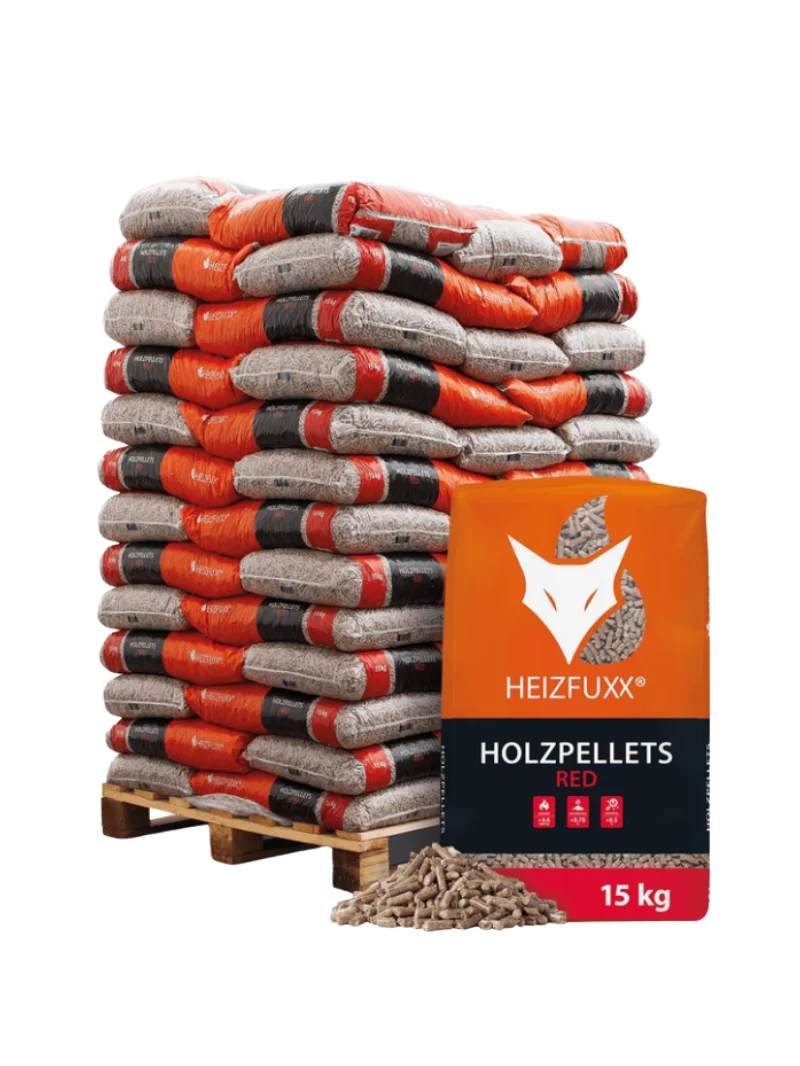 Heizfuxx Rote Hartholzpellets auf Palette – 65 Säcke à 15 kg (975 kg)